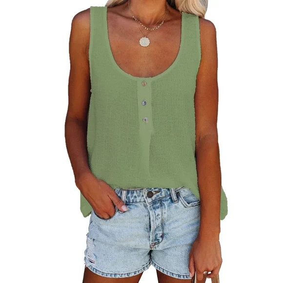 Boho Green Button Textured Tank Top - Picture 10 of 11